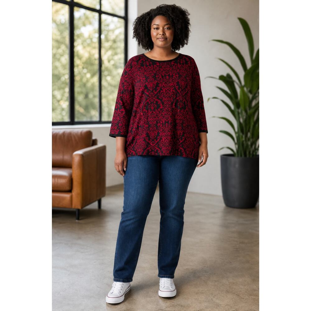 , Dana Buchman Red Black damask print Sweater with rhinestone embellishments XXL